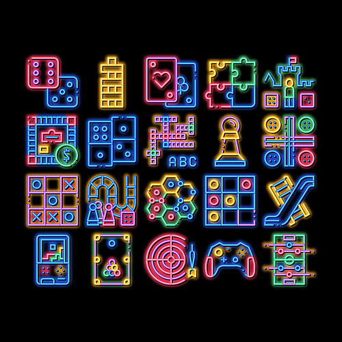 Interactive Kids Games neon light sign vector. Glowing bright icon Domino, Chess And Video Games Controller Pictograms. Cards, Billiard, Darts Illustrations