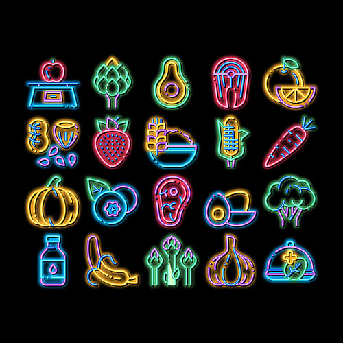 Healthy Food neon light sign vector. Glowing bright icon Vegetable, Fruit And Meat Healthy Food Pictograms. Strawberry And Orange, Blueberry And Pumpkin, Eggs And Fish Illustrations