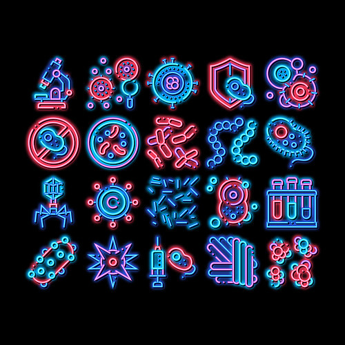 Pathogen Elements neon light sign vector. Glowing bright icon Pathogen Bacteria Microorganism, Microbes And Germs Pictograms. Analysis In Flask, Microscope And Injection Illustrations