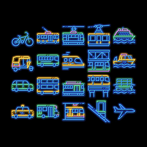Public Transport neon light sign vector. Glowing bright icon Trolleybus And Bus, Tramway And Train, Cable Way And Monorail Transport Pictograms. Car And Taxi, Plane And Ship Illustrations