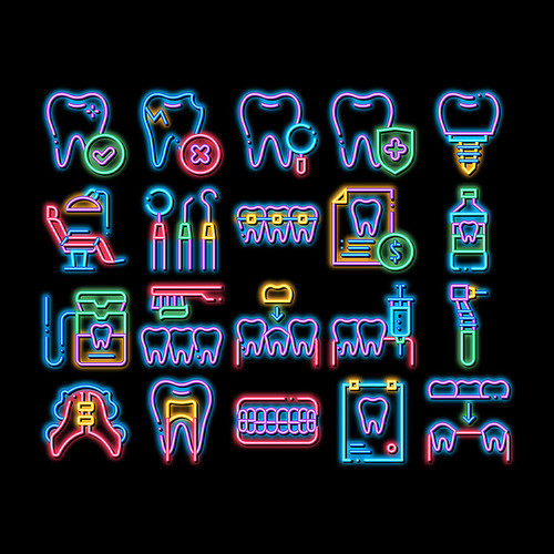 Stomatology neon light sign vector. Glowing bright icon Stomatology Dentist Equipment And Chair, Healthy And Unhealthy Tooth Pictograms. Jaw Denture, Injection Anesthesia Illustrations