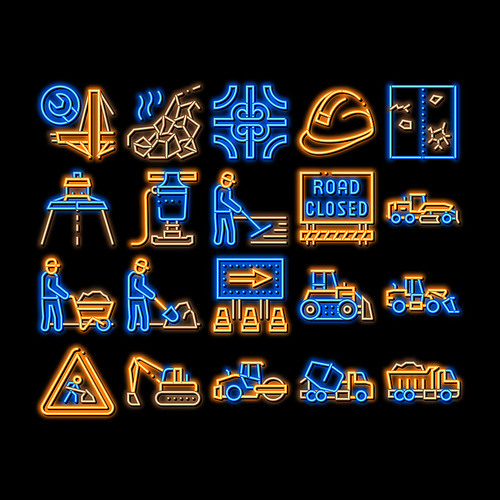 Road Repair And neon light sign vector. Glowing bright icon Road Repair And Maintenance Equipment, Builder Protect Helmet And Cart, Bulldozer And Truck Illustrations