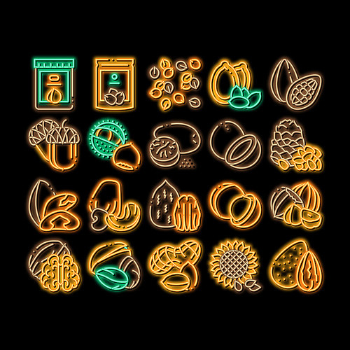 Nut Food Different neon light sign vector. Glowing bright icon Peanut And Almond, Chestnut And Macadamia, Cashew And Pistachio, Pine And Sunflower Seeds Illustrations