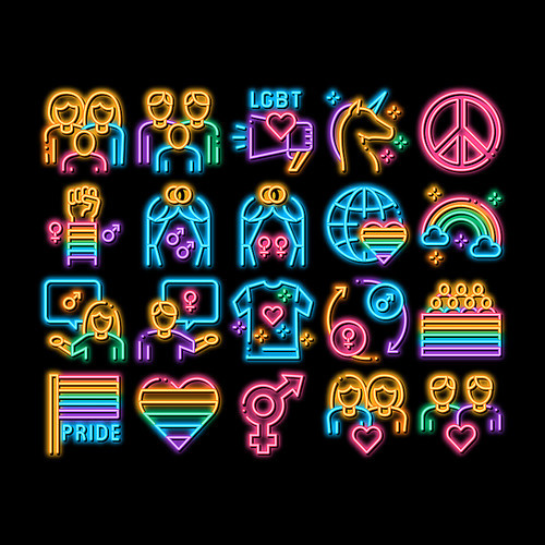 Lgbt Homosexual Gay neon light sign vector. Glowing bright icon Lgbt Community And Flag, Unicorn And Rainbow, Love Freedom And Marriage Illustrations