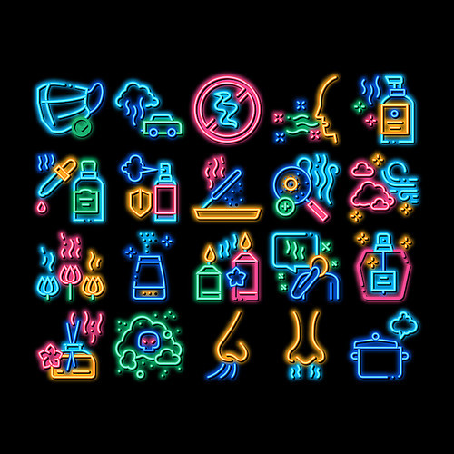 Odor Aroma And Smell neon light sign vector. Glowing bright icon Nose Breathing Aromatic Odor And Clean Air, Perfume And Oil Bottle, Facial Mask And Candle Illustrations