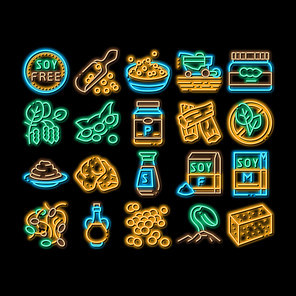 Soy Bean Food Product neon light sign vector. Glowing bright icon Agricultural Harvester Harvesting On Farm And Milk Package, Soy Sauce Bottle And Plant Illustrations