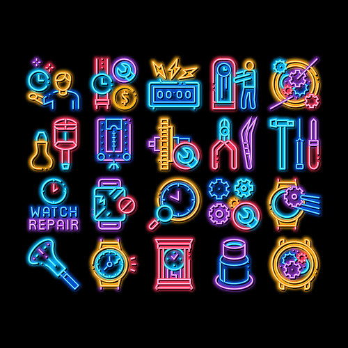 Watch Repair Service neon light sign vector. Glowing bright icon Watch Change Display Glass And Mechanical Gear, Instrument And Magnifier Illustrations