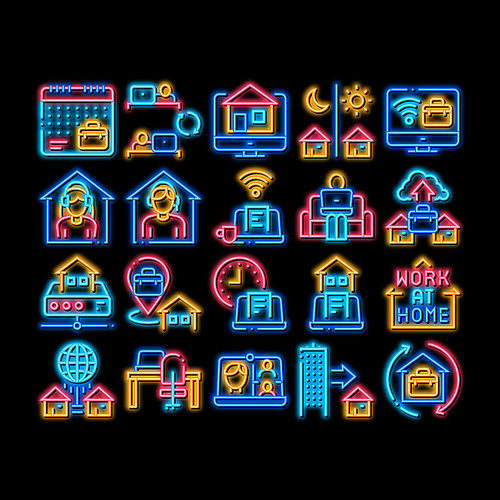 Remote Work Freelance neon light sign vector. Glowing bright icon Work At Home, Internet Job And Online Consultation Operator, Teleworking And Conference Illustrations