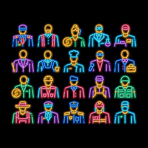 Professions People neon light sign vector. Glowing bright icon Policeman And Farmer, Fireman And Soldier, Businessman And Businesswoman, Barber And Builder Illustrations
