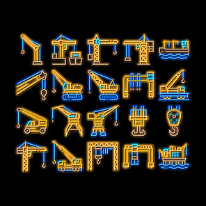 Crane Building Machine neon light sign vector. Glowing bright icon Crane Port Construction For Unloading Ship And Tower For Build House, Lifting Weight Illustrations