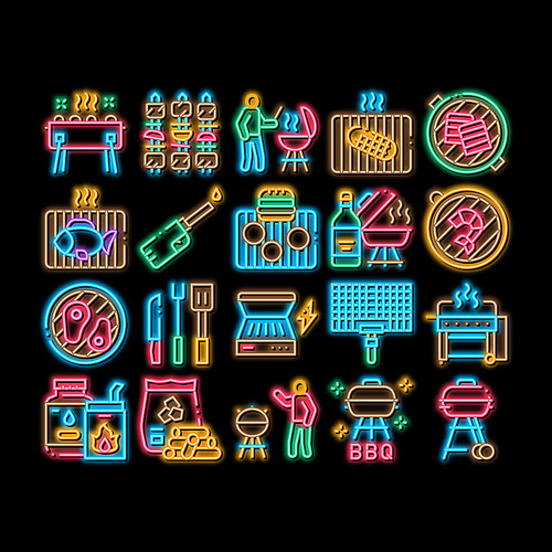 Bbq Barbecue Cooking neon light sign vector. Glowing bright icon Bbq Fried Meat And Shrimp, Fish And Bacon, Utensil And Gas Lighter, Grid And Wood Stick Illustrations