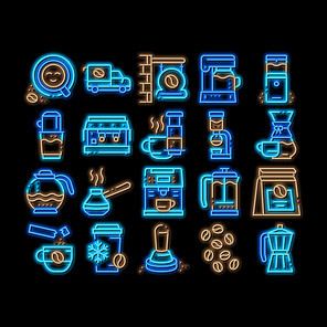 Coffee Energy Drink neon light sign vector. Glowing bright icon Coffee Beans And Package, Grinder And Machine For Make Beverage, Cup And Pot Illustrations