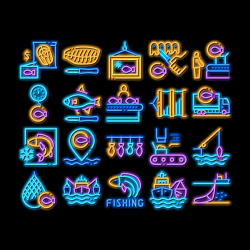 Fishing Industry Business Process neon light sign vector. Glowing bright icon Fishing Industry Processing, Boat With Catch, Fish Drying And Froze, Factory Conveyor Illustrations