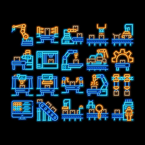Manufacturing Process neon light sign vector. Glowing bright icon Manufacturing Conveyor Car And Products, Factory Computer Settings And Robot Arm Illustrations