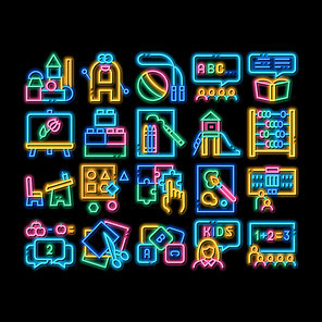 Preschool Education neon light sign vector. Glowing bright icon Preschool Educational Game And Lessons, Teacher And Kids, Painting And Count Illustrations