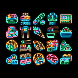 sushi roll asian dish neon light sign vector. glowing bright icon sushi roll set japanese traditional food cooked from 음식 and fish, shrimp and cheese illustrations
