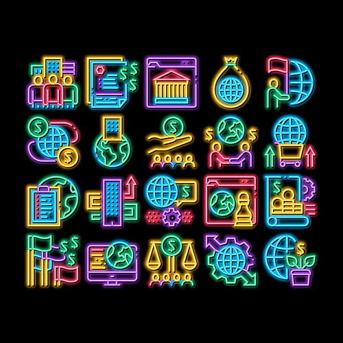 Global Business Finance Strategy neon light sign vector. Glowing bright icon International And Worldwide Business, Businesspeople Team And Agreement Illustrations