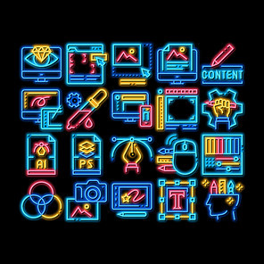 Graphic Design And Creativity neon light sign vector. Glowing bright icon Photo Camera And Tablet For Design, Computer Application For Drawing And Painting Illustrations