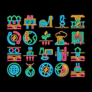 Geothermal Energy neon light sign vector. Glowing bright icon Geothermal Electricity Factory And House Heat Equipment, Geyser And Earth Temperature Illustrations