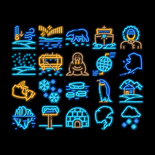Arctic And Antarctic neon light sign vector. Glowing bright icon Arctic Snow And Ice, Iceberg And Bear, Station And Ship, Penguin And Walrus Illustrations