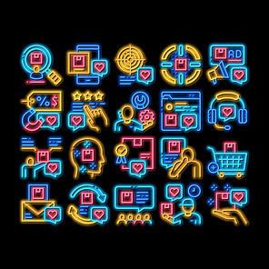Buyer Customer Journey neon light sign vector. Glowing bright icon . Customer Research And Want Buy Goods, Online Shopping App And Order Delivery, Support And Review Illustrations