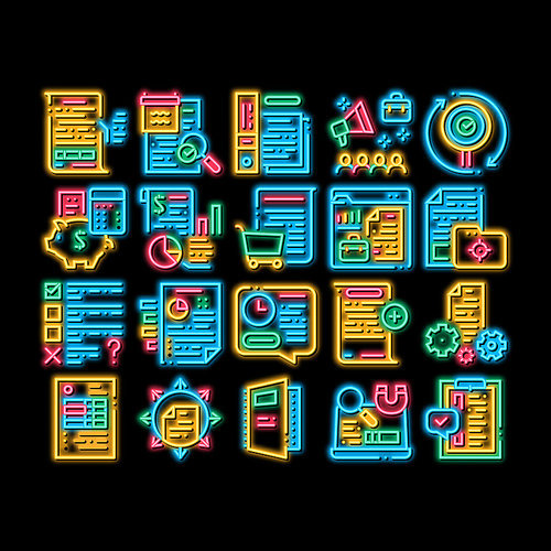 Audit Finance Report neon light sign vector. Glowing bright icon Researching Company Financial Audit And Documentation, Calculating Credit And Debit Illustrations