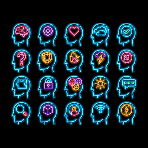 Mind Elements Signs neon light sign vector. Glowing bright icon Gear And Brain Mind, Heart And Shield, Padlock And Coin Marks in Man Head Silhouette Illustrations