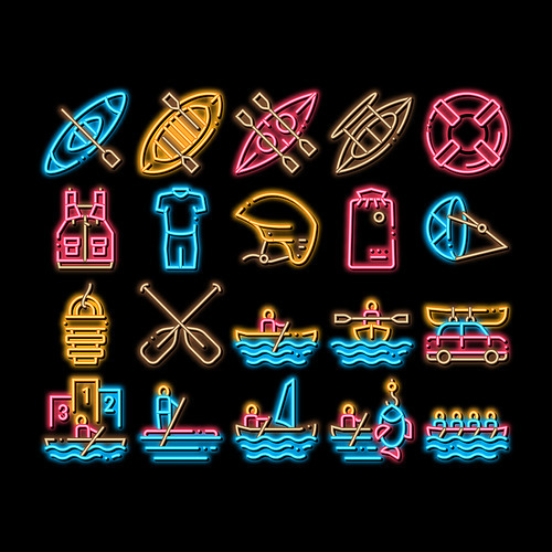 Canoeing Elements neon light sign vector. Glowing bright icon Canoe Transportation On Car And Canoening Protection Safety Life Equipment Illustrations