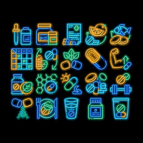 Supplements Elements neon light sign vector. Glowing bright icon Pills And Drugs, Plastic Container With Dropper Bio Healthcare Supplements Illustrations