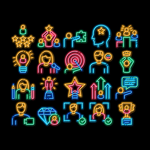 Human Talent Elements neon light sign vector. Glowing bright icon Idea And Target, Diamond And Star, Signer, Speaker And Actor Talent Illustrations