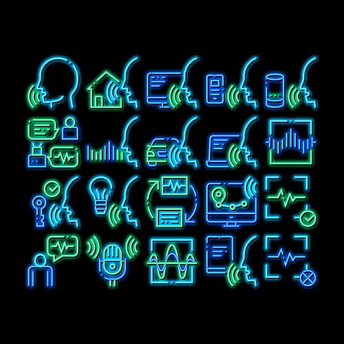 Voice Control Elements neon light sign vector. Glowing bright icon Voice Controlling Smart House And Car, Laptop And Smartphone Illustrations