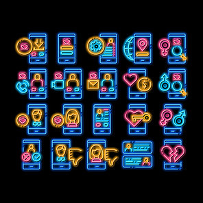 Dating App Elements neon light sign vector. Glowing bright icon Smartphone Mobile Dating Love Application . Profile Avatar, Like And Broken Heart Illustrations