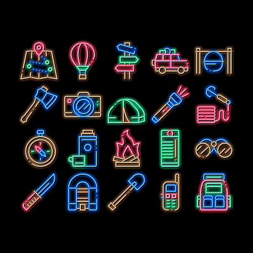 Adventure Elements neon light sign vector. Glowing bright icon Binocular And Camera, Map And Boat, Ax And Knife, Camping Fire And Car Adventure Illustrations
