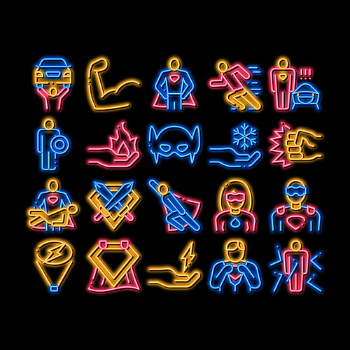 Super Hero Elements neon light sign vector. Glowing bright icon Hero Superman Silhouette And Woman, Face Mask And Muscle Power Illustrations