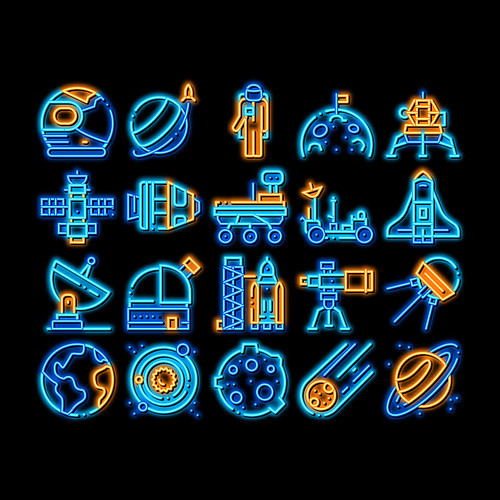 Astronaut Equipment neon light sign vector. Glowing bright icon Astronaut Spacesuit And Helmet, Shuttle And Satellite, Rocket And Asteroid Illustrations