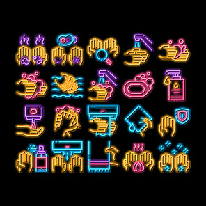 Hand Healthy Hygiene neon light sign vector. Glowing bright icon Hand Protection, Washing With Anti Bacterial Soap And Foam, Paper Illustrations