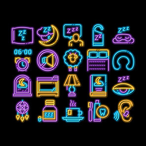 Sleeping Time Devices neon light sign vector. Glowing bright icon Sleeping Human Silhouette, Pillow And Bed, Clock And Book, Moon And Cup Of Tea Illustrations