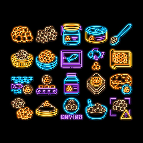 Caviar Seafood Product neon light sign vector. Glowing bright icon Fish Eggs, Caviar In Metallic Container, On Sandwich With Butter And Spoon Illustrations