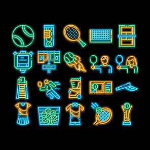 Tennis Game Equipment neon light sign vector. Glowing bright icon Racket And Tennis Field, Cup And Tracksuit, Ball Basket And Player Illustrations
