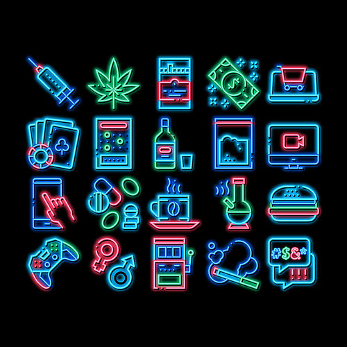 Addiction Bad Habits neon light sign vector. Glowing bright icon Alcohol And Drug, Shopping And Gambling, Hemp, Smoking And Junk Food Addiction Illustrations