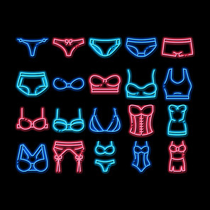 Lingerie Bras Panties neon light sign vector. Glowing bright icon Fashion Bra And Pants, Bikini And Swimsuit, Lingerie Underwear Illustrations