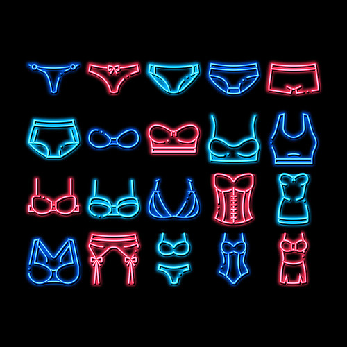 Lingerie Bras Panties neon light sign vector. Glowing bright icon Fashion Bra And Pants, Bikini And Swimsuit, Lingerie Underwear Illustrations