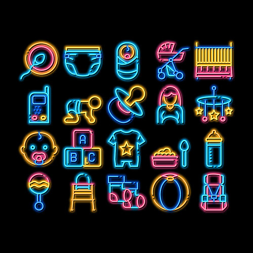 Baby Clothes And Tools neon light sign vector. Glowing bright icon Baby And Pregnancy Woman, Stroller And Diaper, Toys And Nipple Illustrations