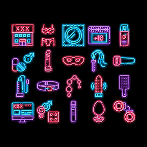 Intim Shop Sex Toys neon light sign vector. Glowing bright icon Intim Shop Building And Internet Web Site, Collar And Handcuffs, Mask And Condom Illustrations