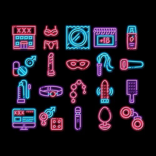 Intim Shop Sex Toys neon light sign vector. Glowing bright icon Intim Shop Building And Internet Web Site, Collar And Handcuffs, Mask And Condom Illustrations
