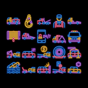 Tow Truck Transport neon light sign vector. Glowing bright icon Tow Truck Evacuating And Transportation Broken Car, Winch And Hook Illustrations
