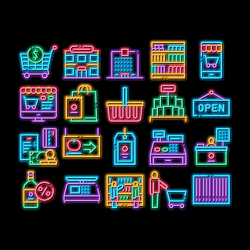 Grocery Shop Shopping neon light sign vector. Glowing bright icon Internet Grocery Shop Or In Super Market, Scales And Cash Machine Illustrations