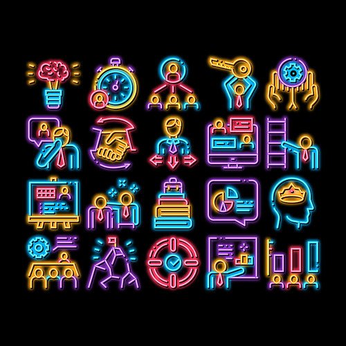 Mentor Relationship neon light sign vector. Glowing bright icon Human Holding Key And Gear, Stopwatch And Mountain With Flag, Mentor Illustrations