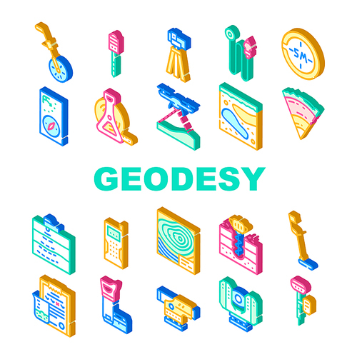 Geodesy Equipment Collection Icons Set Vector. Odometer And Marking Peg, Picket And Compass, Roulette And Georadar, Geodesy Locator And Laser Isometric Sign Color Illustrations