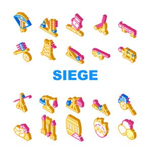 Siege Engine Catapult Collection Icons Set Vector. Ancient Weapon And Cores, Arrow Thrower And Siege Tower, Trebuchet And Hook Destroyer Isometric Sign Color Illustrations